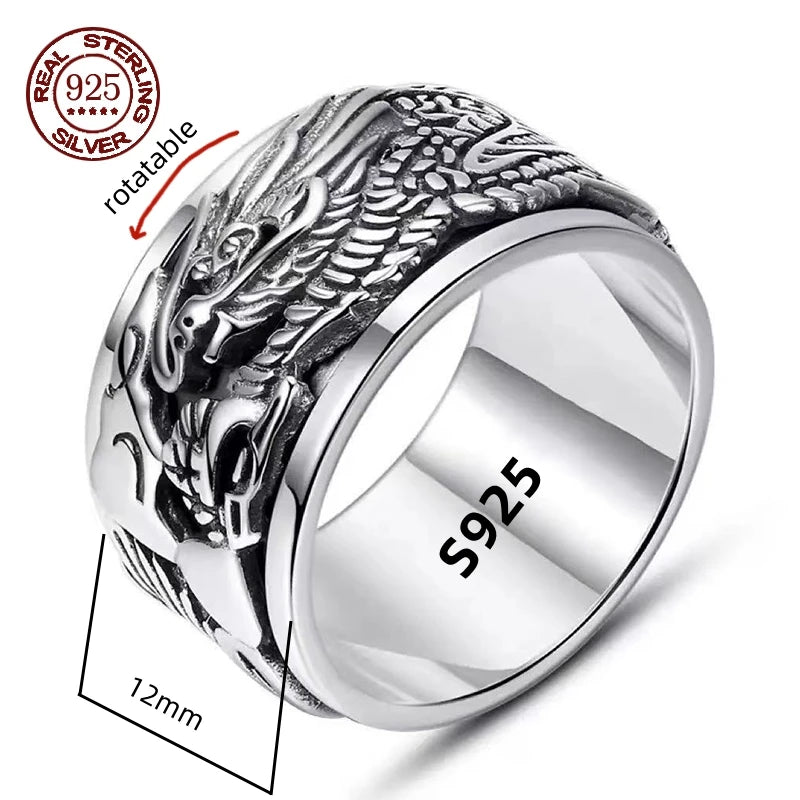 Handmade 12mm Width Real S925 Sterling Silver Lucky Dragon Double Layer Rotatable Closed Dragon Ring For Man Woman Fine