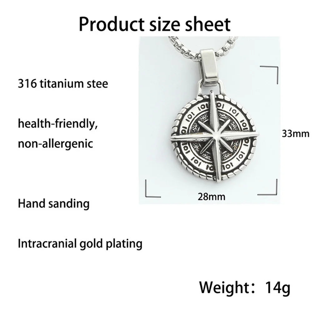 Voyager Vintage Viking Compass Pendant Necklace For Men Punk Hip Hop 316L Stainless Steel Biker Cross Necklace Jewelry