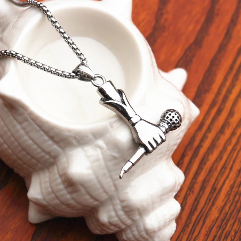 Silver Microphone Hand Pendant Necklace