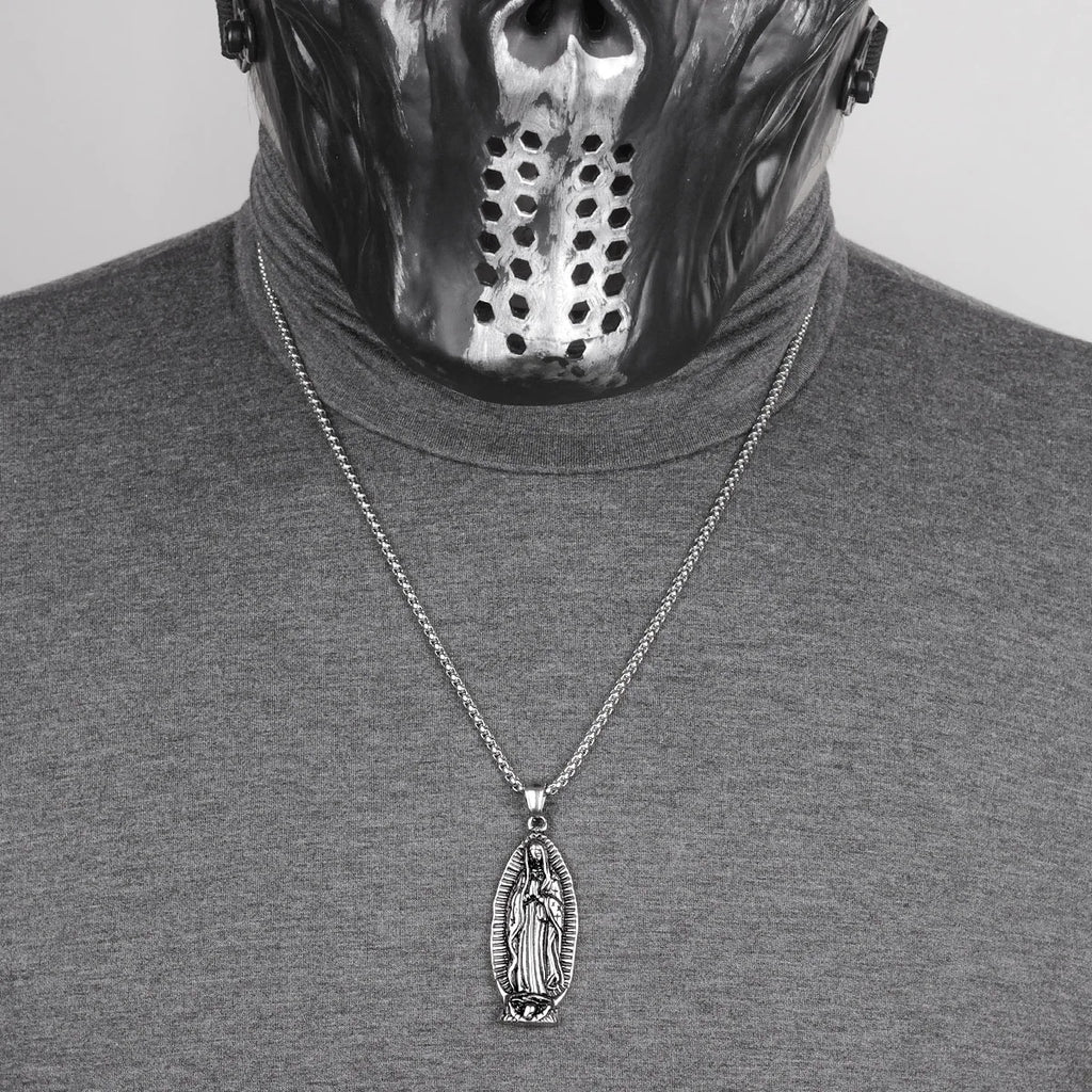 Virgin Mary Prayer Long Men Necklaces Pendants Chain Punk for Boyfriend Male Stainless Steel Jewelry Creativity Gift