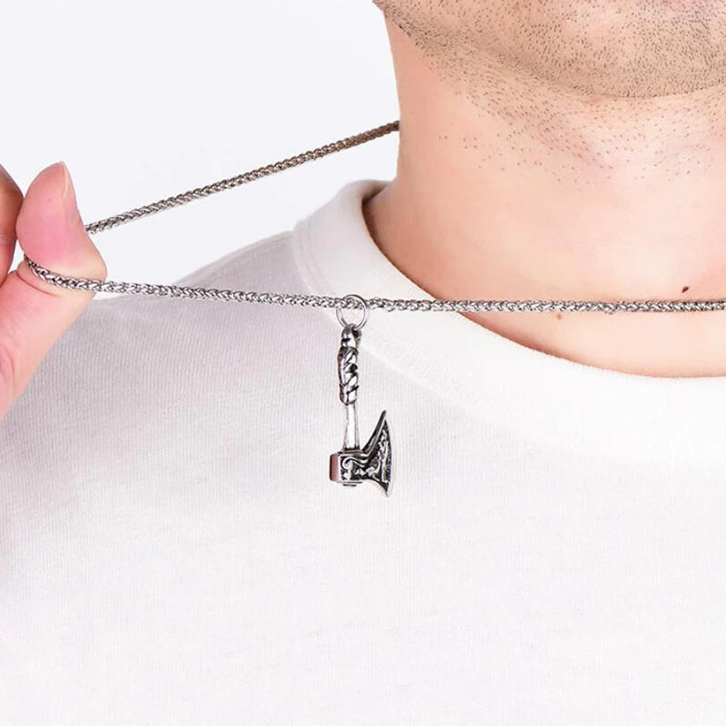 Silver Viking Axe Wolf Pendant Necklace