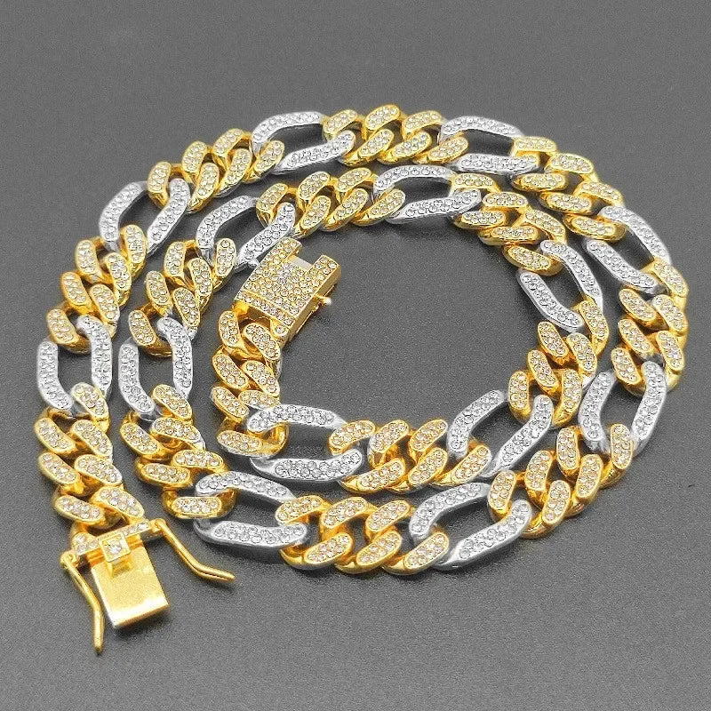 3:1 Figaro Link Chain Choker Necklace For Men Women 2tone Gold Silver Color Iced Out Rhinestones Miami Cuban Hip Hop