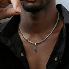 Hip Hop Men Black Square Crystal Pendant Necklace Retro Stainless Steel Flat Chain Jewelry Fashion Accessories