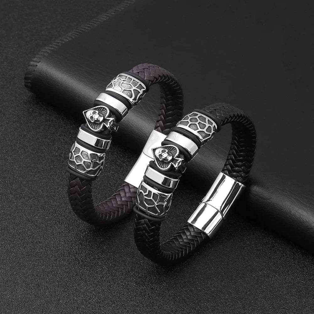 Skull Braid Leather Bracelet — Stainless Steel