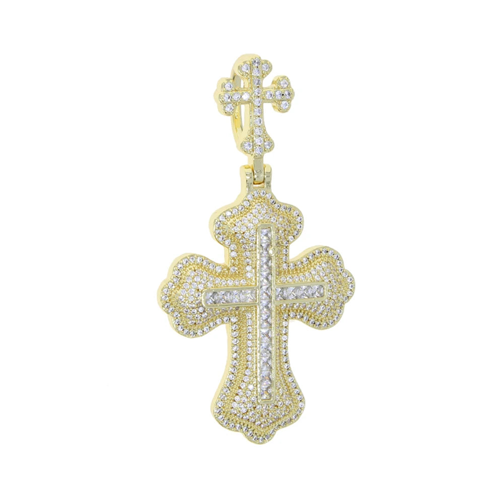 New Iced Out Bling CZ Letter Cross Pendant Necklace Various Design 5A Zircon Two Tone Color Badge Charm Men's Hip Hop