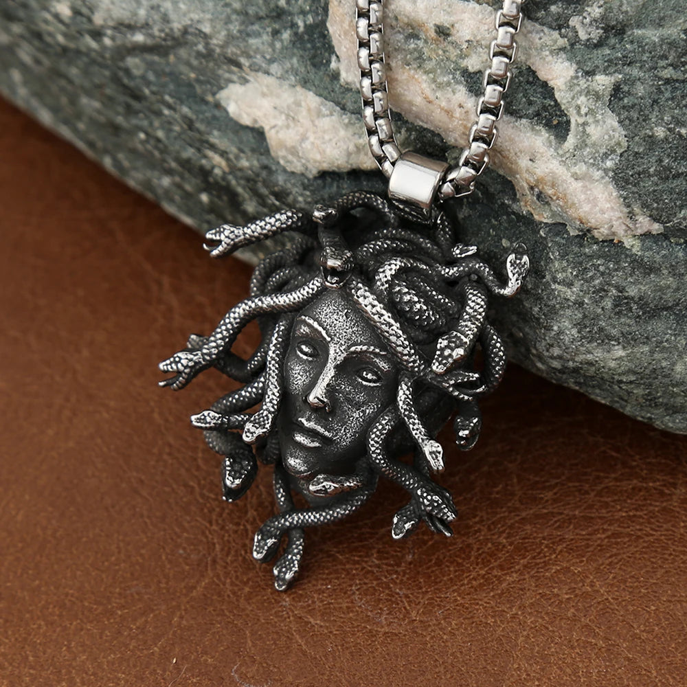 Gothic Unique Medusa Necklace for Men Women Punk Vintage Stainless Steel Snake Pendant Fashion Amulet Jewelry Gifts