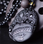 Beautiful Chinese Handwork Natural Black Obsidian Carved Coin Toad PiXiu Blessing Lucky Amulet Pendant + Beads Necklace