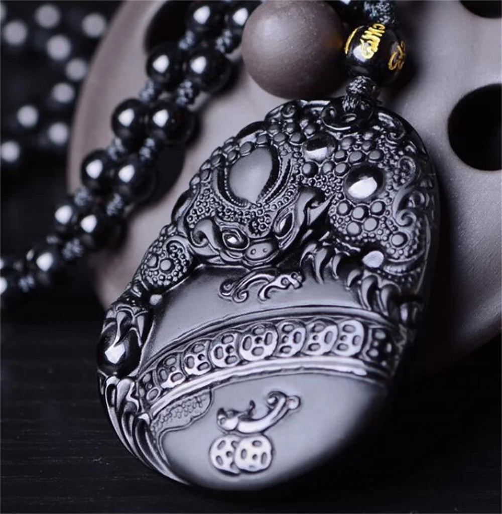 Beautiful Chinese Handwork Natural Black Obsidian Carved Coin Toad PiXiu Blessing Lucky Amulet Pendant + Beads Necklace