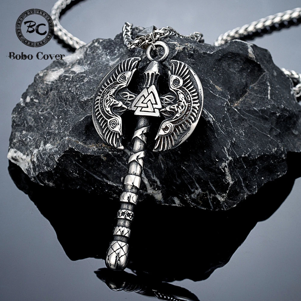 Norse Runes Odin's Raven Giant Axes Necklaces Men Stainless Steel Vikings Valknut Amulet Pendant Scandinavian Jewelry Male Gifts