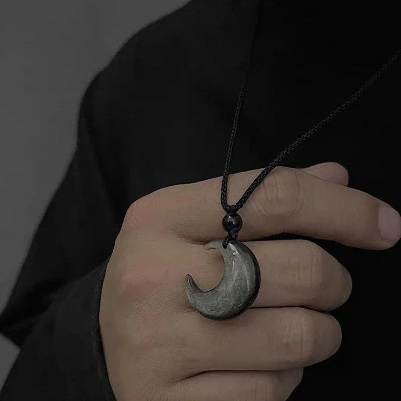 Lucky Crescent Moon Crystal Necklace Natural Stone Pendant Black Obsidian Opal Rope Wrap Necklace Adjustable