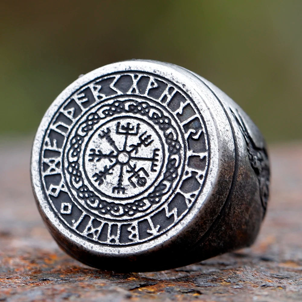 Viking Compass & Crow Rune Ring — Odin, Stainless Steel