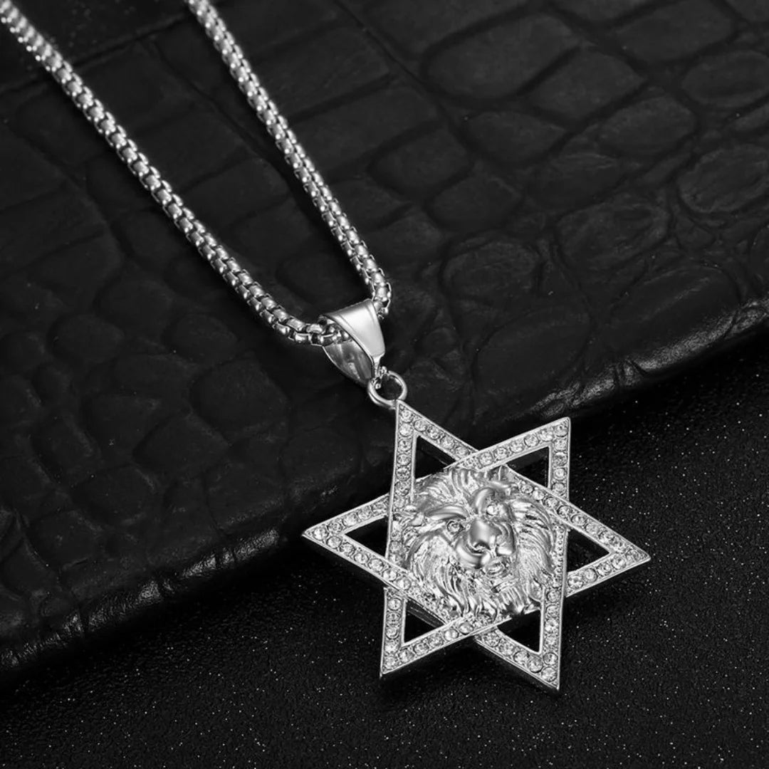 Religious Hexagram Star of David Lion's Head Zirconia Pendant Gold Color Stainless Steel Necklace for Woman Man Jewish Jewelry