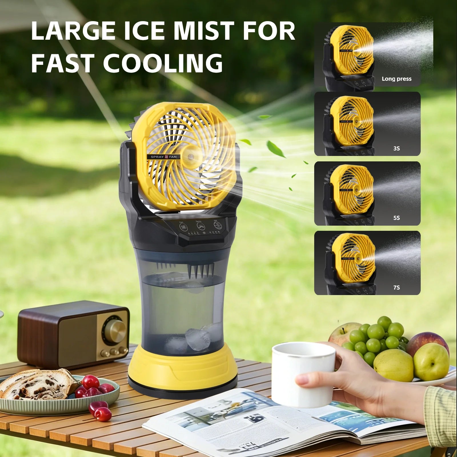 Outdoor Spray Fan 2000ml 15000mAh, 4 Speeds, Nano Mist, RGB Light, 90° Oscillation, Yellow