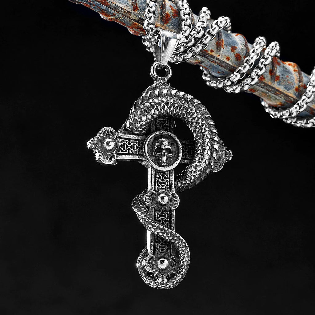 Dragon Circling Cross Religion Stainless Steel Men Women Necklaces Pendants Chain Punk Trendy Jewelry Creativity Gift Wholesale