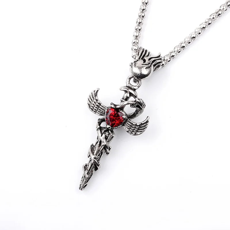 Retro Punk Heart Sword Wings Pendant Necklace — Mixed Metal