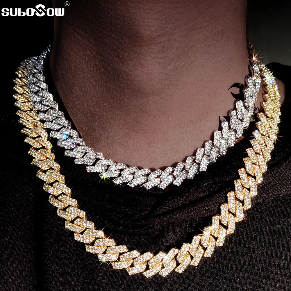 14 MM Prong Cuban Link Chain Necklace For Men Hip Hop Iced Out Bling Luxury Full Rhinestone Paved Necklace Rapper