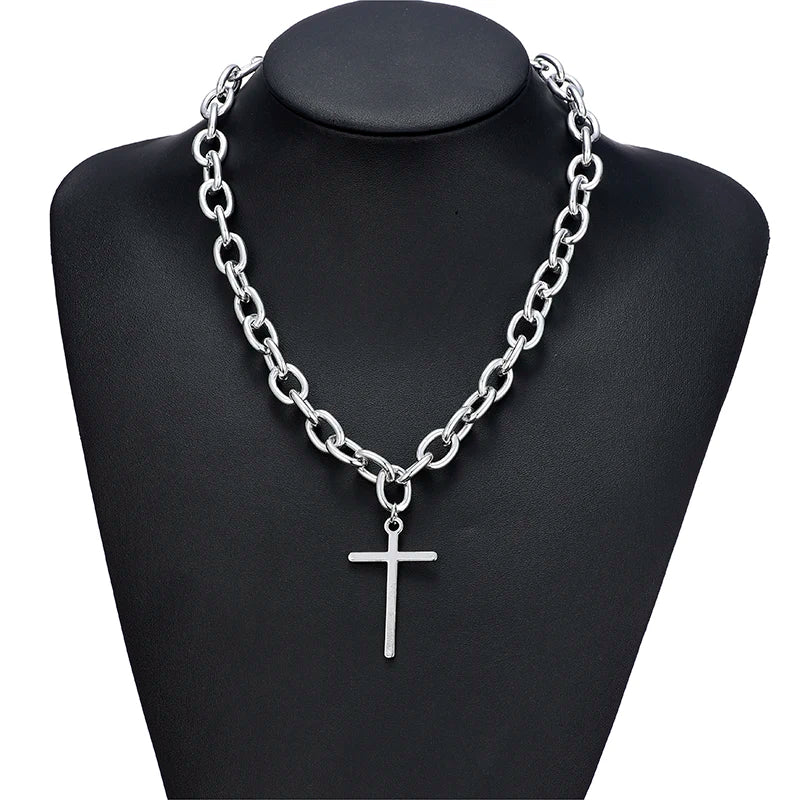 Fashion Chain Link Choker Heart Lock Cross Necklace Pendant For Women Men Silver Color Goth Jewelry Party Punk Long Necklaces