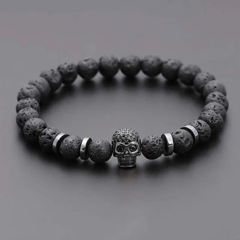 Hot sale natural stone volcanic rock beaded bracelet micro inlaid zircon skull personality copper accessories jewelry