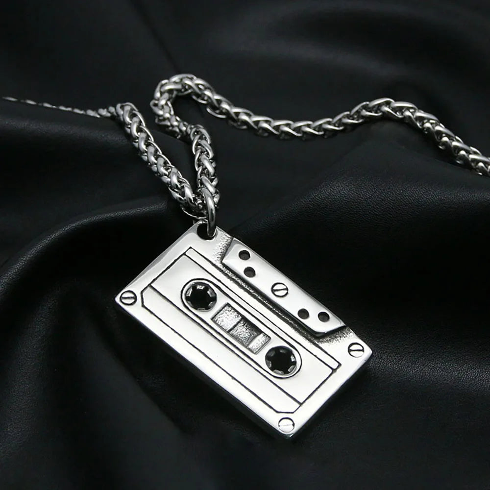 Punk Hip Hop Cassette Necklace Vintage Stainless Steel Men Necklace Chain Fashion Nightclub Rock Jewelry Gift