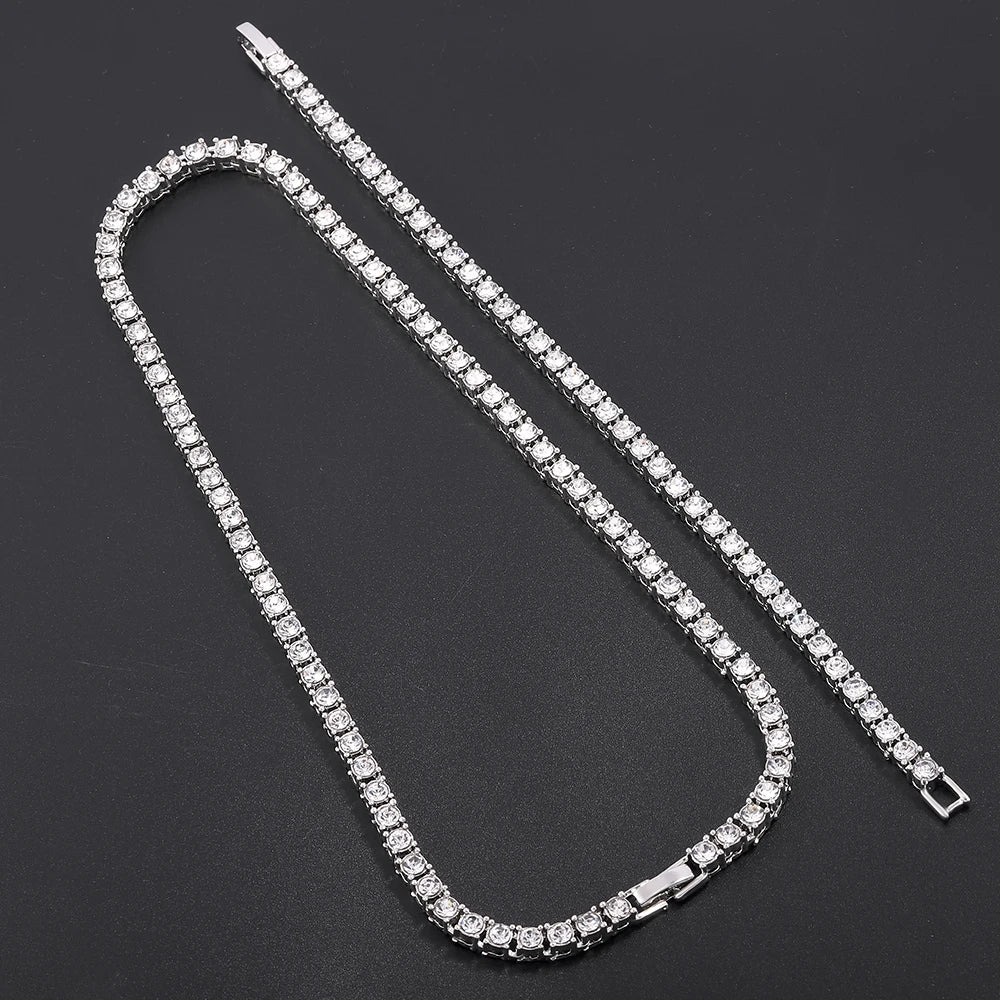 Hip Hop Iced Out Tennis Bracelet Necklace Men 4mm Tennis Chain Fashion Gold Color Jewelry Women Link 18/20inch Choker