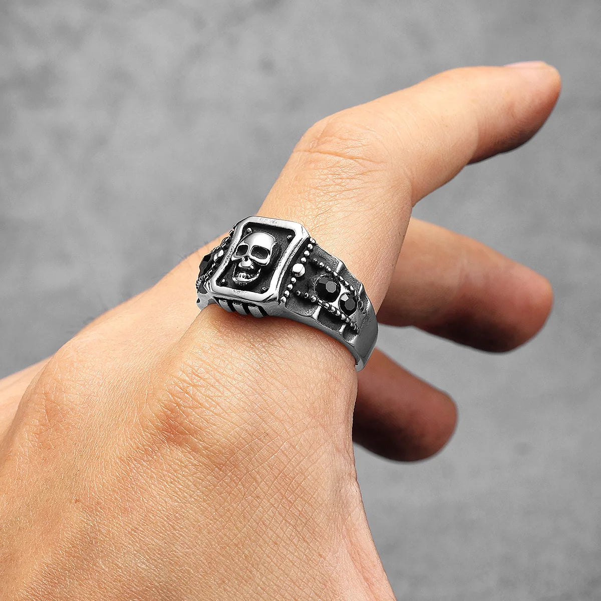 Skull Ring Black Gemstone — Stainless Steel