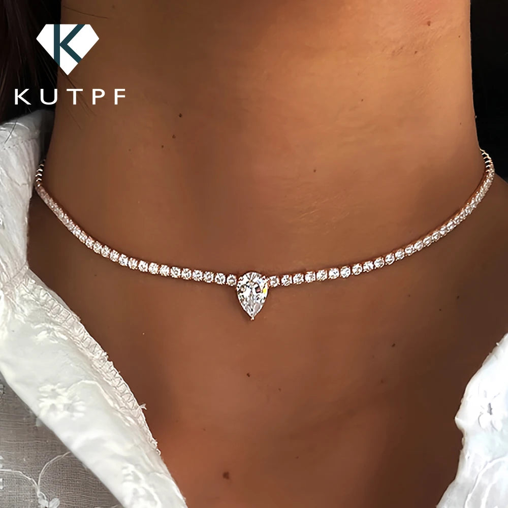 Certified Full Moissanite Riviera Tennis Necklace with Waterdrop Diamond Pendant for Women 925 Sterling Silver