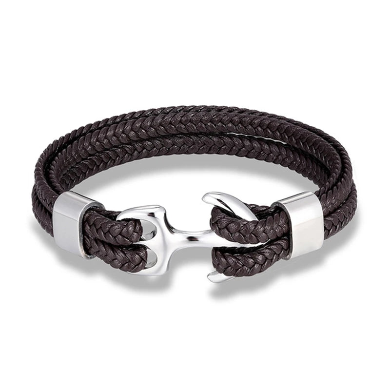 Nautical Anchor Woven Leather Bracelet — Stainless Steel Buckle
