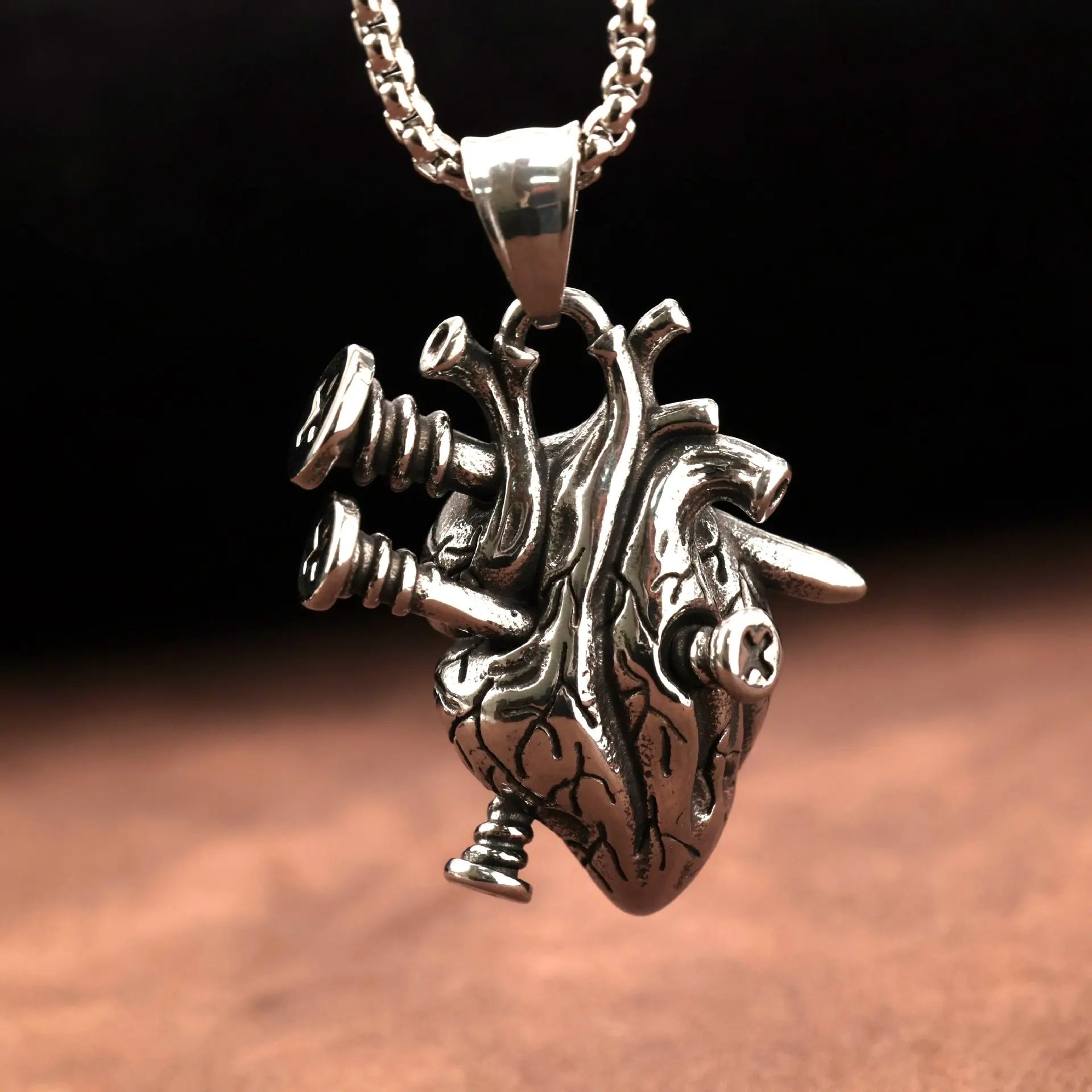 Men's Vintage Stainless Steel Heart Pendant Necklace Dark Punk Hip-Hop Style Nail Heart Detail Decorative Accessory