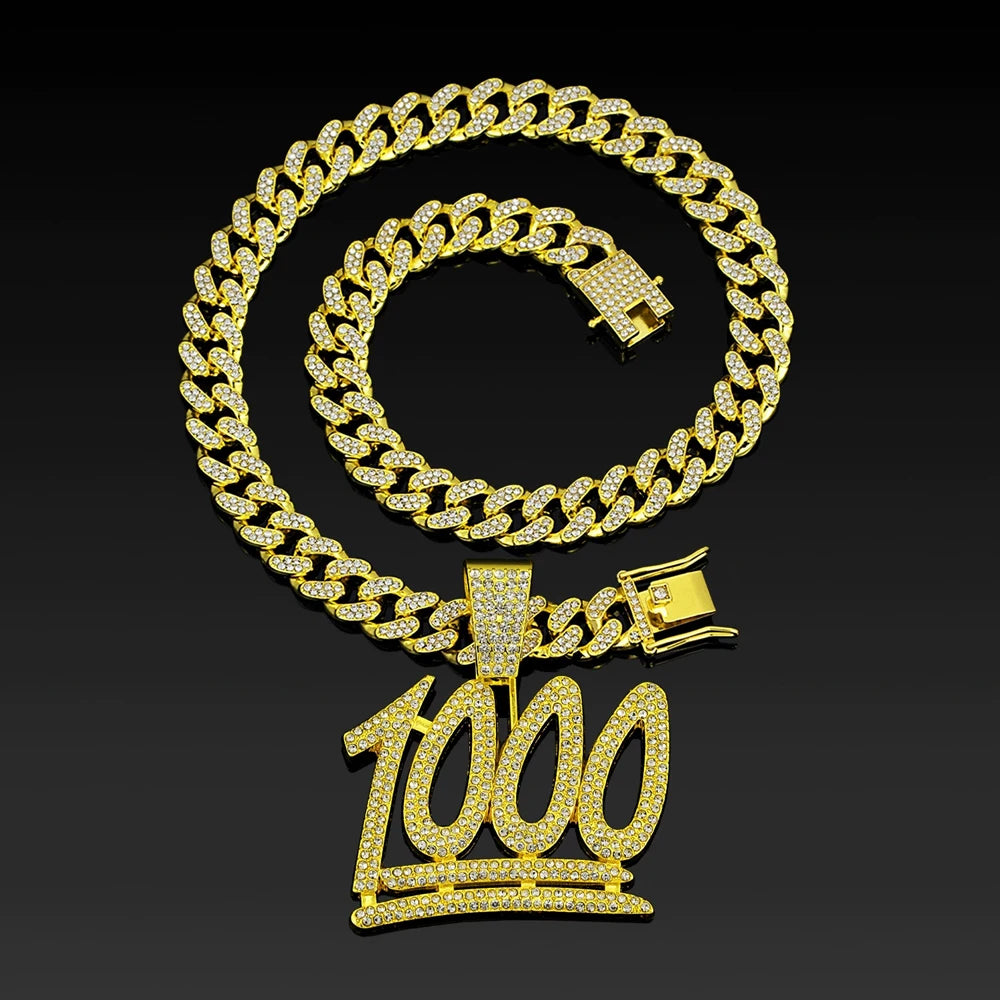 Fashion Shine Number 1000 Fraction Pendant Necklace With14mm Crystal Cuban Chain For Men Women Hip Hop Party Jewelry Accessories
