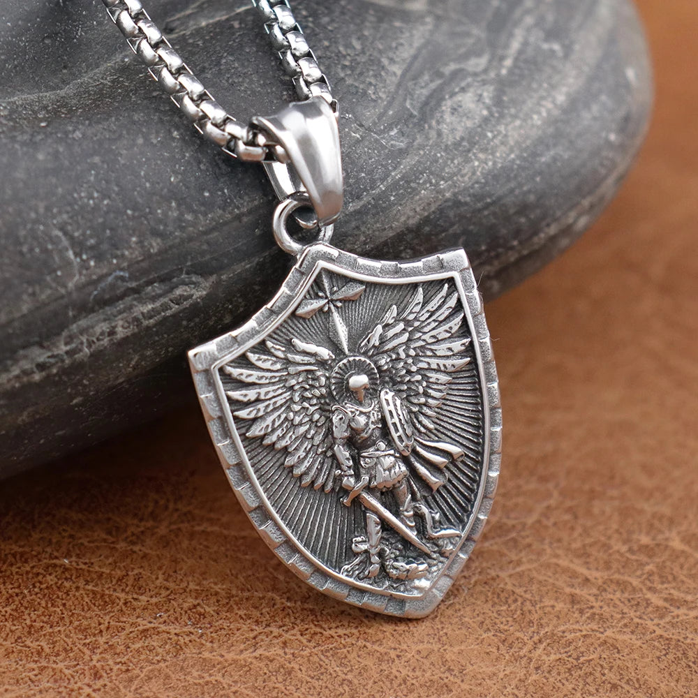 Vintage Stainless Steel Archangel Pendant Chain for Men Powerful St.Michael Necklaces Amulet Fashion Women Jewelry