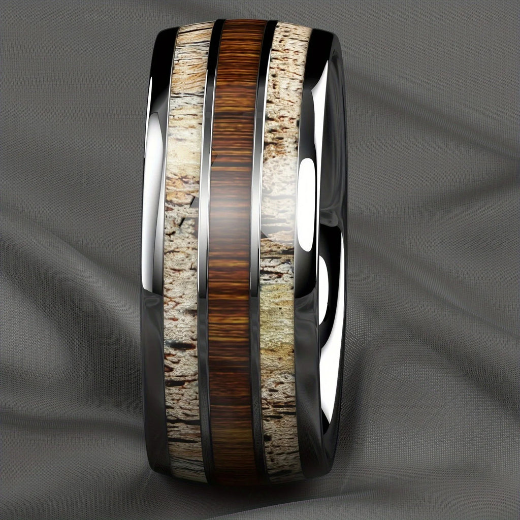 Fashion Silver Color Men's Stainless Steel Rings Koa Wood Deer Antler Inlay Dome Engagement Rings For Men Women Wedding