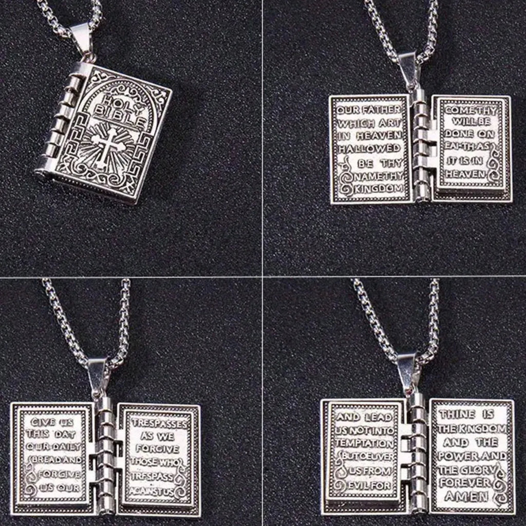 1pc Fashion Polished Alloy Bible Book Design Pendant Necklace For Men And Women Vintage Flipped Bible Necklace Gifts For Friend