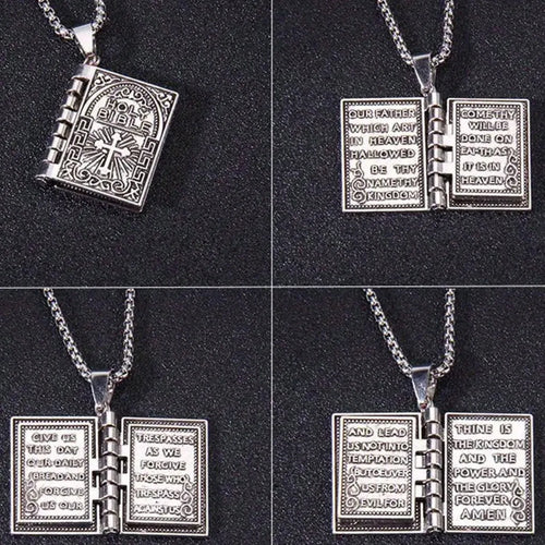 Bible Book Pendant Necklace — Steel