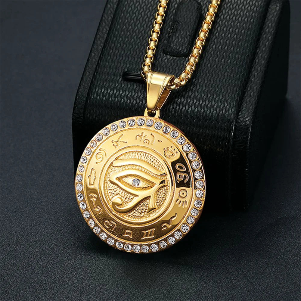Ancient Egypt The Eye of Horus Pendant Gold Male Color Stainless Steel Zircon Round Necklace for Men Egyptian Jewelry Gift 2025