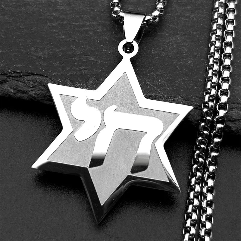 Jewish Hebrew Chai Symbol Star of David Pendant Necklace for Men Women Gold Color Stainless Steel Israel Amulet Chain