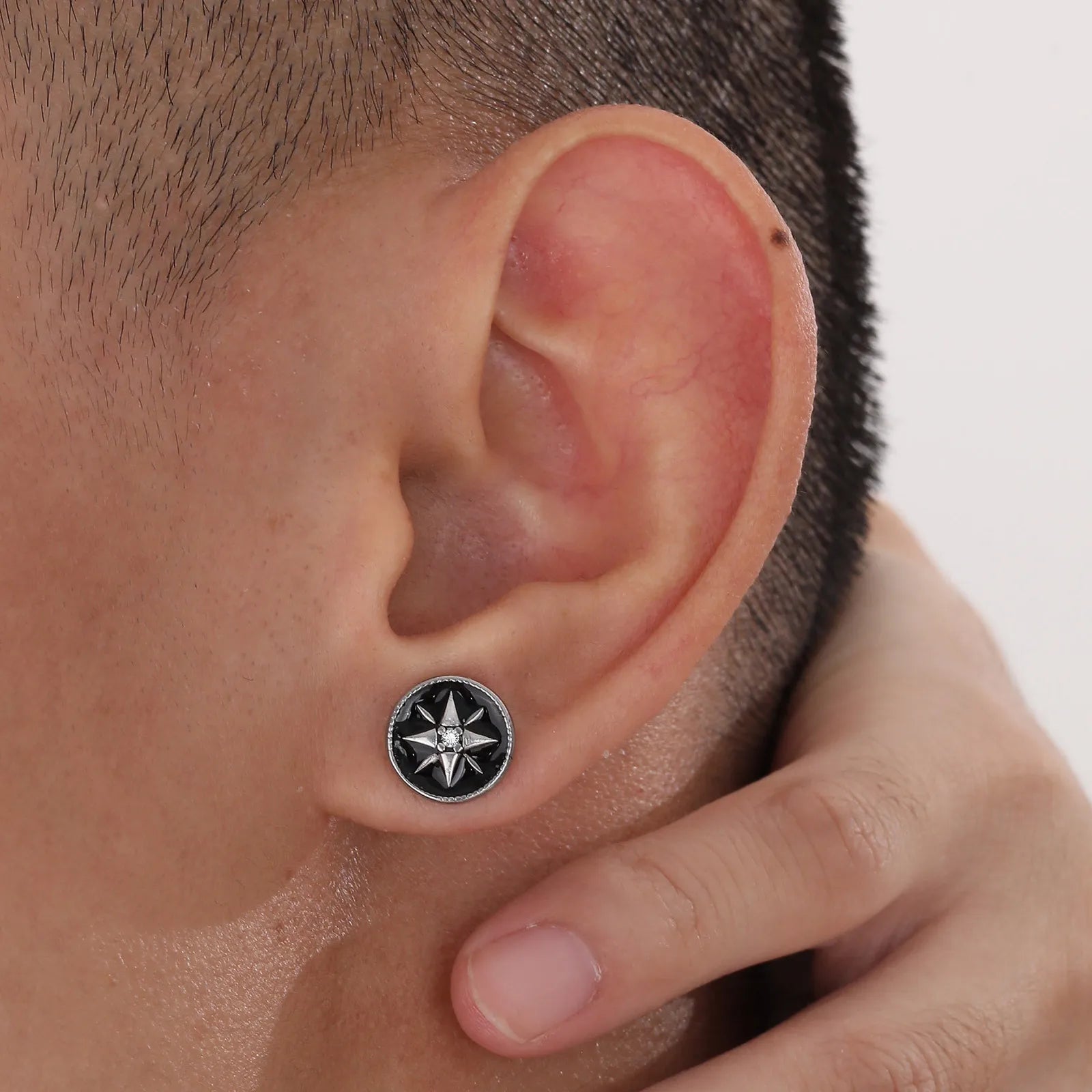 Iced Out Compass Star Stud Earrings — Stainless Steel