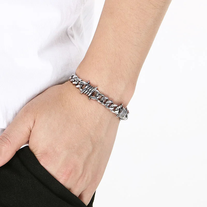 Kalen Vintage Stainless Steel Twisted Barbed Wire & Wrapped Cuban Bracelet Men‘s Adjustable Gothic Punk Women’s Wrist
