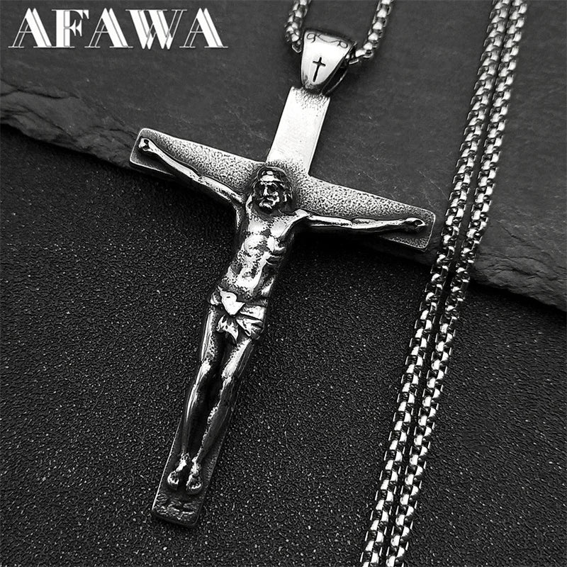 Stainless Steel Christian Jesus Cross Crucifix Pendants Necklaces for Men Women Silver Color Chain Necklaces Jewelry