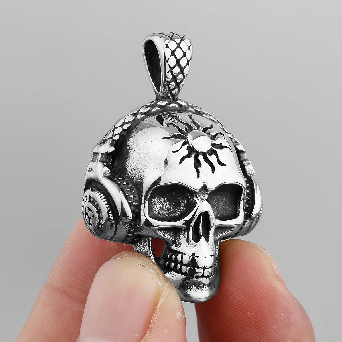 HNSP 316L Stainless Steel Punk Headphones Skull Head Pendant Necklace For Men Jewelry Accessories