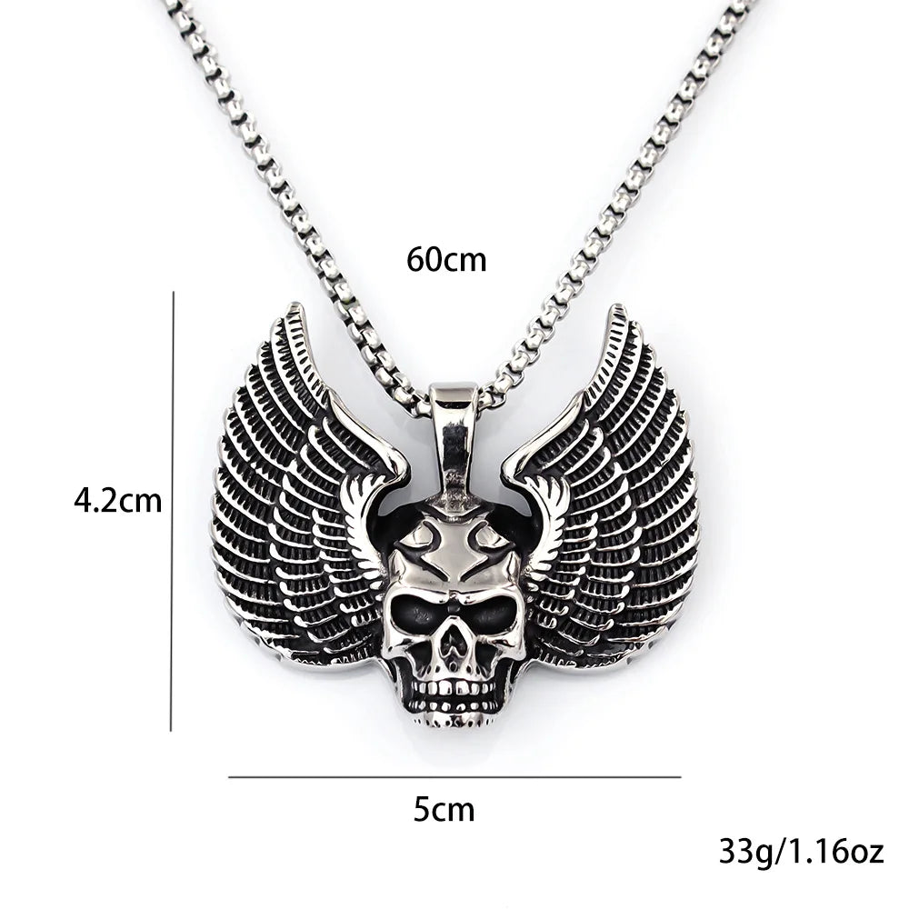 Silver Skull Wings Pendant Necklace Box Chain