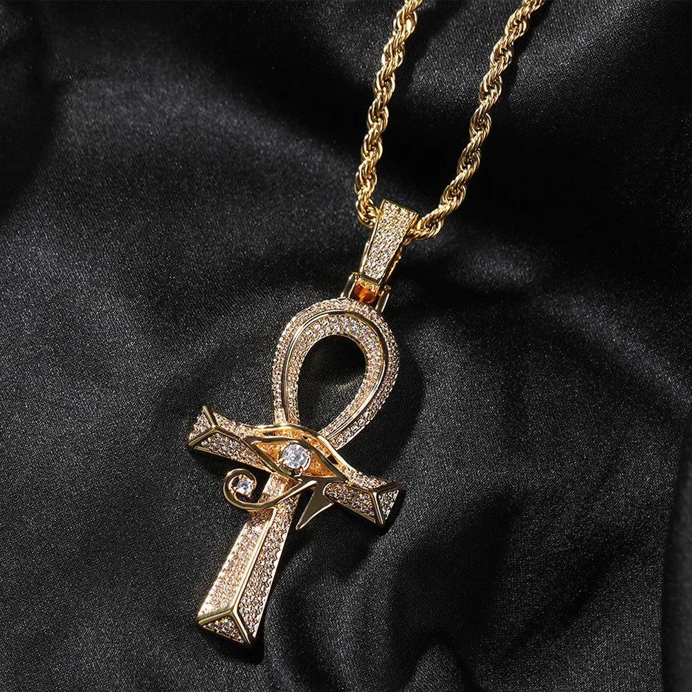 Shining Iced Out Ancient Egyptian God Eye of Horus Cross Pendant Necklace for Men and Women Hip Hop Trendy Amulet