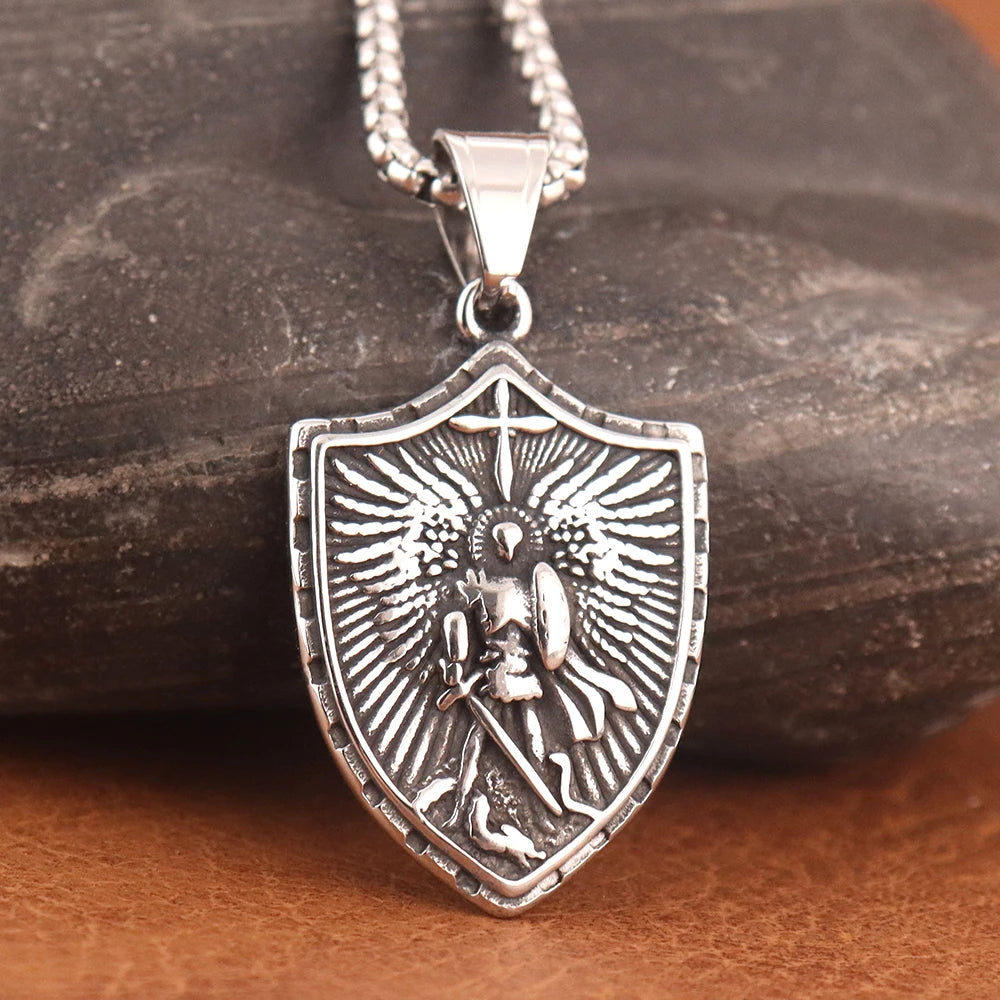 Vintage Saint Angel Shield Necklace Stainless Steel Men Pendant Necklace Classic Archangel Belief Amulet Jewelry Gift Wholesale