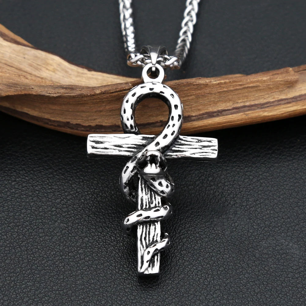 Snake Cross Pendant — Stainless Steel