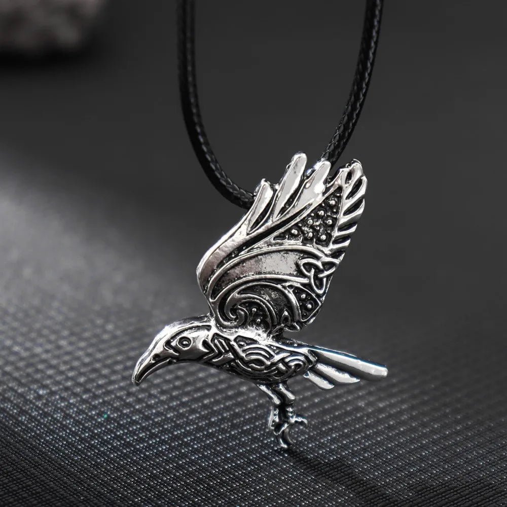 Vintage Nordic Viking Crow Totem Pendant Necklace for Men