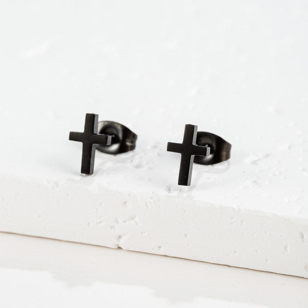 Small Gold Cross Stud Earrings Christian Amulet — Stainless Steel