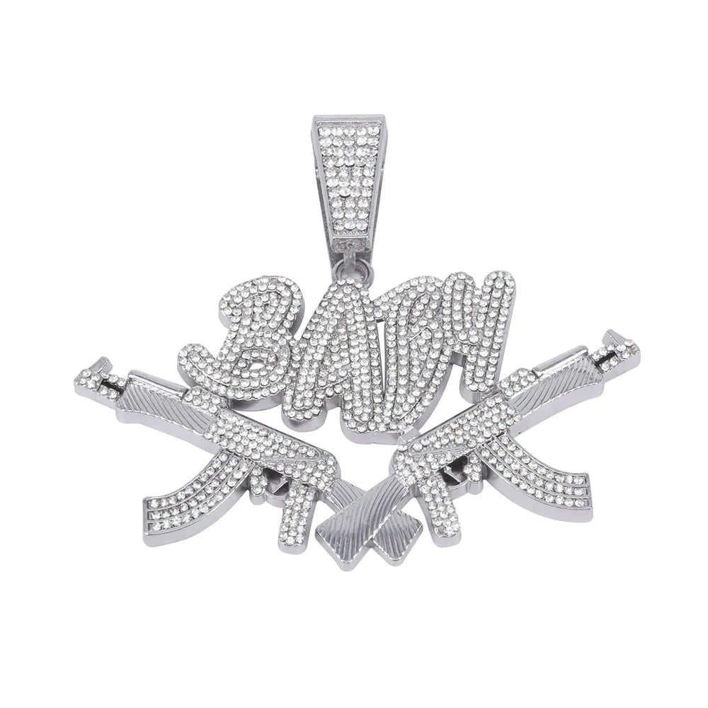 New Men Hip Hop Iced Out Bling AK47 Gun Pendant Necklace with 13mm Miami Cuban Chain HipHop Letter BABY Necklace