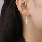Iced Out CZ Cross Dangle Hoop Earrings — Stainless Steel