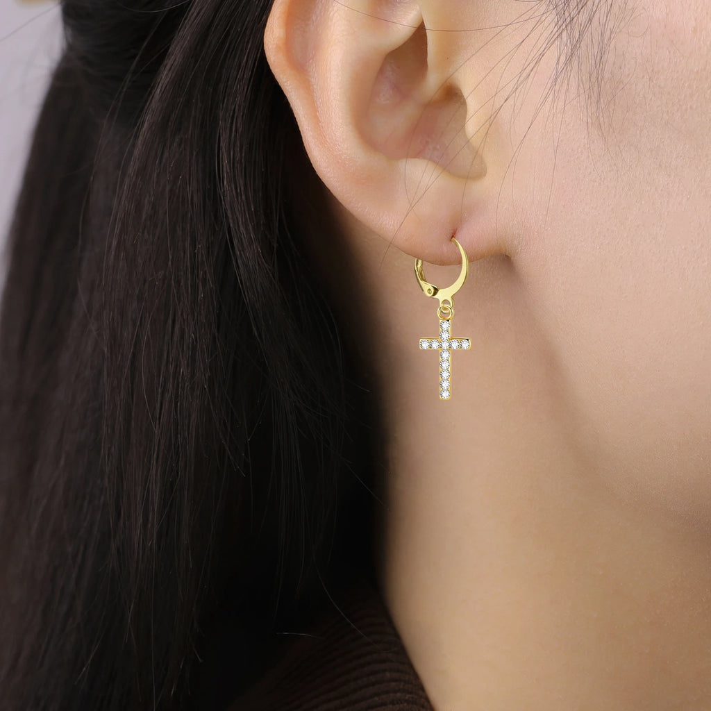 Cazador Zircon Cross Drop Earrings for Women Men Stainless Steel Christian Faith Dangle Hoop Earrings Jesus Jewelry Gifts New