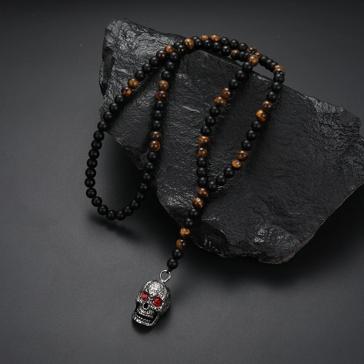 Skull Pendant Black Beaded Necklace for Men and Women, 72cm