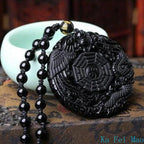 Natural Black Obsidian Hand Carved Chinese Dragon Phoenix Amulet BaGua Necklaces For Men Women Luck Mascot Amulet Male Necklace